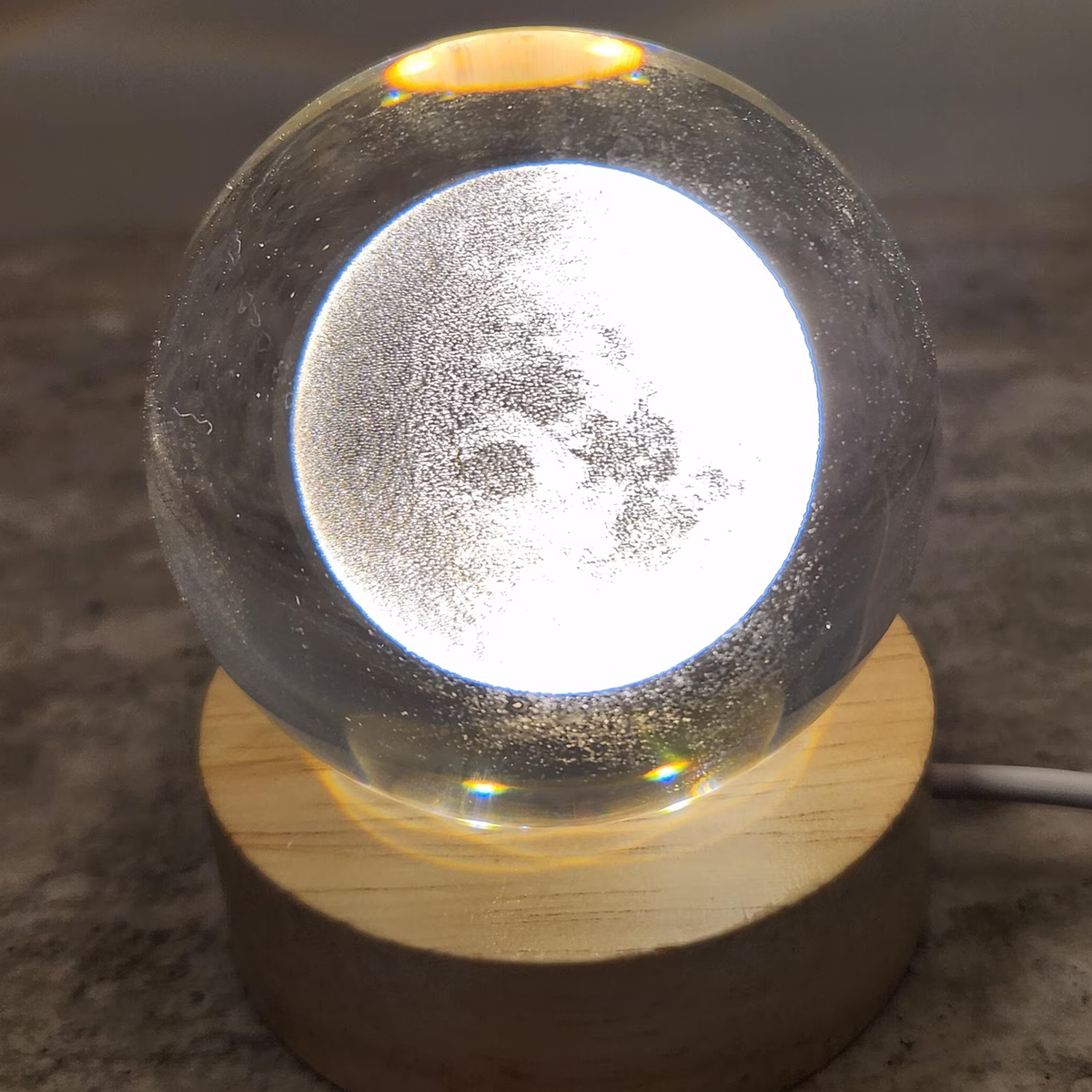Boule de Verre Gravée Pleine Lune Socle Lumineux Décoratif