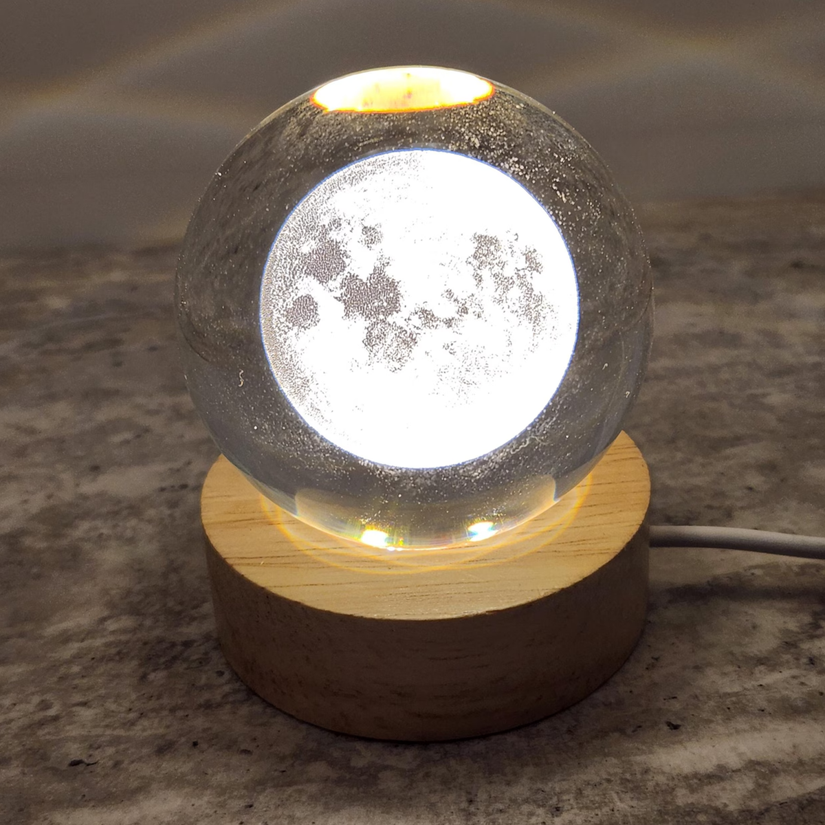 Boule de Verre Gravée Pleine Lune Socle Lumineux Décoratif